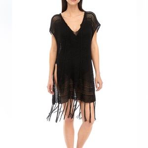 Vince Camuto Black Knit Swim Topper Cover-Up with fringe, NWT